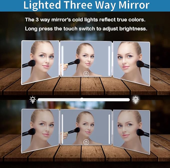 LED 360° Viewing Mirror for Hair Cutting and Styling, Adjustable Height Mirror with Lights for Grooming, Makeup and Shaving, Clear HD Glass, Portable for Bathroom or Travel (Black)