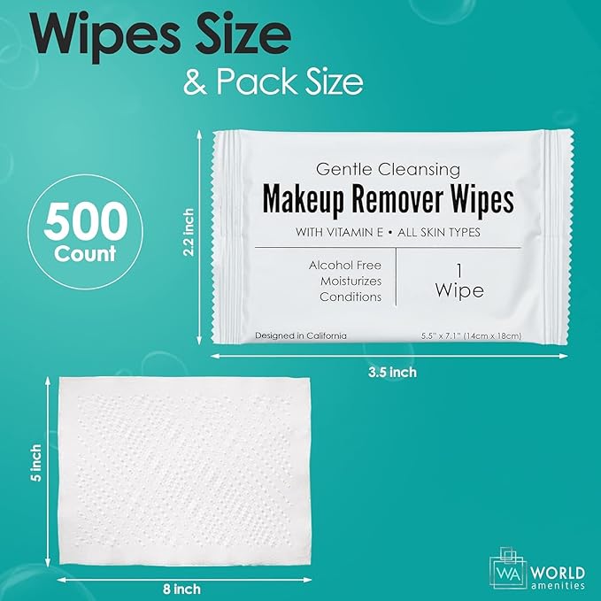Bulk Makeup Remover Wipes | 500 Count| Individually Wrapped, Gentle Cleansing, Alcohol Free - All Skin Types - Vitamin E - 100% Recyclable, Hotel Travel Size Toiletries