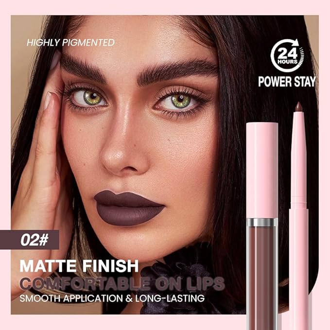 AMY'S DIARY 2pcs Chocolate Lip Liner & Lipstick&Shiny Clear Lip Oil Makeup Set, Liquid Lipstick 24H and Lip Liner Set Matt Liquid Lips Make Up Waterproof Long Lasting (02#, 2 Pcs Set)