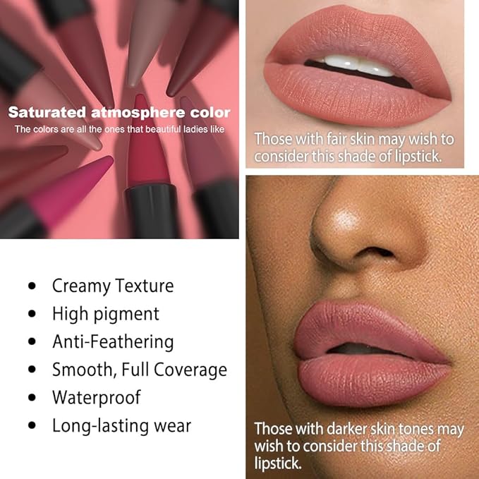 evpct Warm Pink Gradient Matte Lipstick Lip Liner Combo Set for Older Women Long Lasting Waterproof, Nude Pink Lips Stick Crayon Pencil Cream Lip Liner and Lipstick Combo Makeup, Flawless Ombre Effect