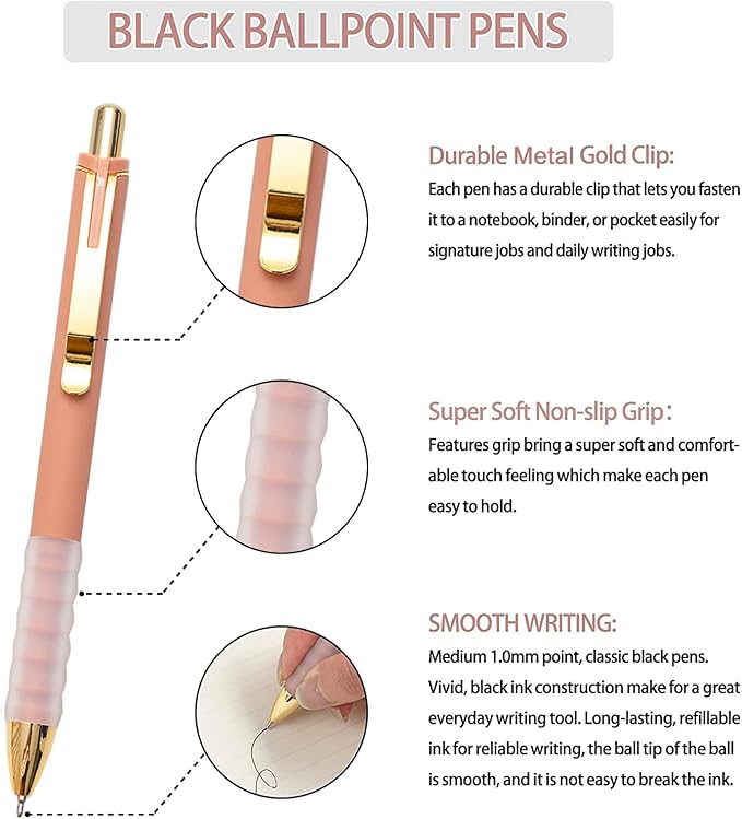 Linbsunne Ballpoint Pens Black Medium Point 1mm with Super Soft Grip Ball Point Pen for Men Women Retractable(gold-6x2 pcs)