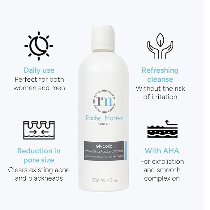 Rachel Moayer Glycolic Perfecting Facial Cleanser, Exfoliating Face Wash with 12% Glycolic Acid, Clears and Prevents Acne, for All Skin Types, Gentle Daily Facial Cleansing for Women & Men