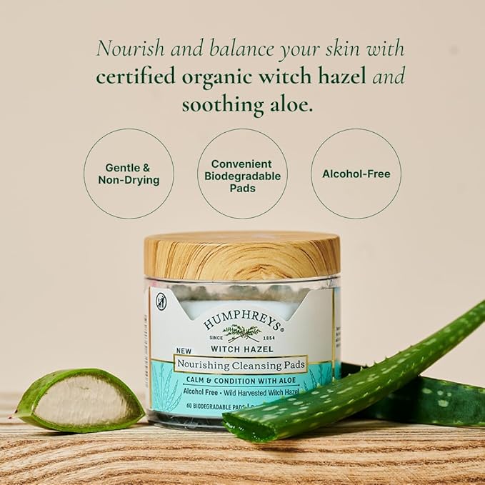Humphreys Witch Hazel Nourishing Cleansing Pads | Wild Harvested Witch Hazel & Aloe | Hydrating, Natural Alcohol-Free Formula | 60 Rounds