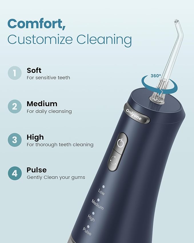 Onlyone Water Dental Flosser, 300ML Portable Oral Irrigator for Teeth, 4 Modes and 5 Jet Tips,Rechargeable Irrigation Cleaner,Electric Flossing Machine Power Flossers & Irrigator Accessories Blue