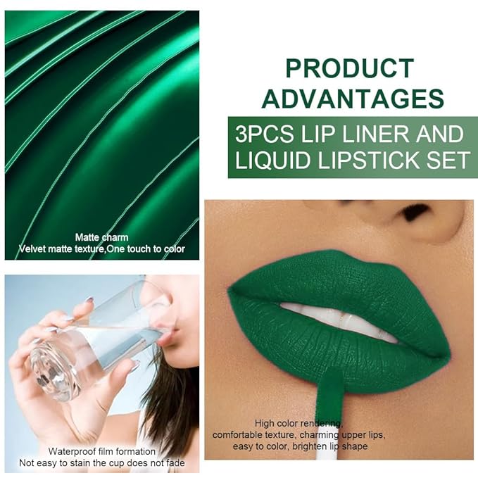 evpct 3Pcs Green Matte Shimmer Lip Liner & Liquid Lipsticks Stain Makeup Set for Women, Green Lip Liner Stain Long Lasting Waterproof Smudge Proof, Cruelty Free Lip Sticks Makeup 24 hours originales