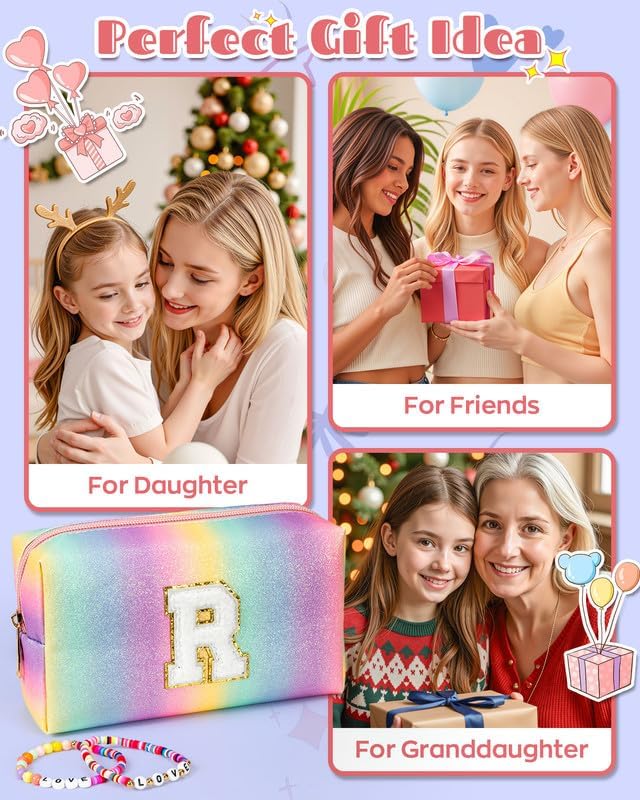 Kindergarten Graduation Gifts, Preppy Makeup Toiletry Bag for Girls Kids, Personalized Gifts for 4 5 6 7 8 9 10 11 12 13 Year Old, Letter Pouch for Overnight, Cute Stuff (Medium)