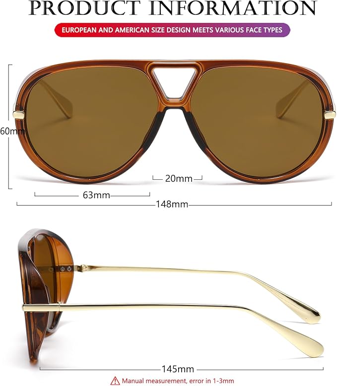 AIEYEZO Oversized Aviator Sunglasses Women Men Fashion Retro Big Frame Sun Glasses Designer Ladies Shades