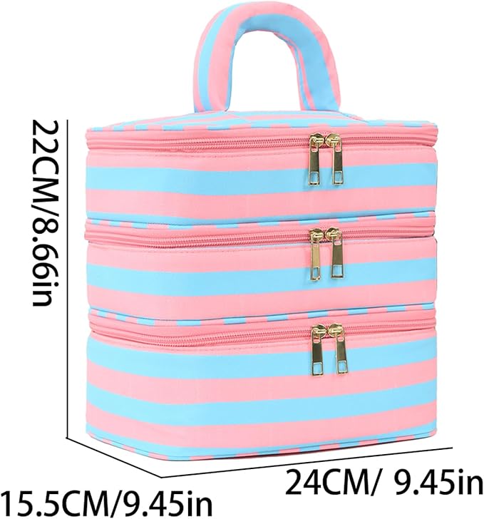 Three Layer Makeup Bag for Women Fashion Stripes Cosmetic Bag Preppy Style Travel Water-Resistant Toiletry Bag for Storage Toiletries Cosmetics Sets for Women Teen Girls Blue