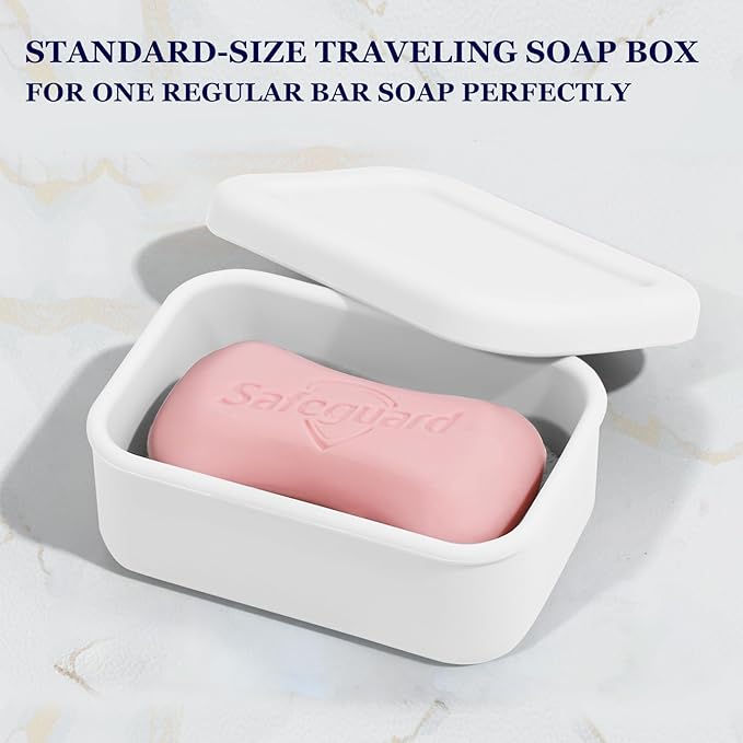 Leak Proof Silicone Travel Soap Case with Draining Layer, Travel Size Toiletry, Portable Soap Container for One Regular Bar Soap Perfectly, Shatter-Proof Soap Holder for Bathroom, Gym (White)