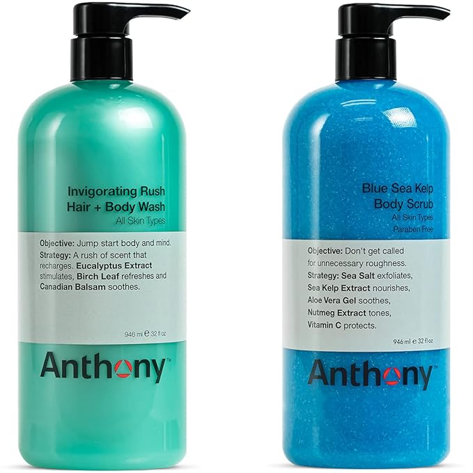 Anthony Invigorating Rush Hair and Body Wash, 32 Fl Oz Blue Sea Kelp Body Scrub, 32 Fl Oz