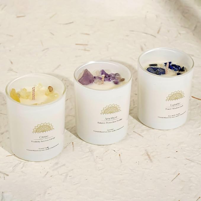 Soy Candles with Healing Crystals. Amethyst, Lazurite, Citrine Crystal. Lavender, Sea Salt & Orchid, French Vanilla. Positivity Energy Gift for Women, 3PC Scented Candle Set 3.5 oz Each