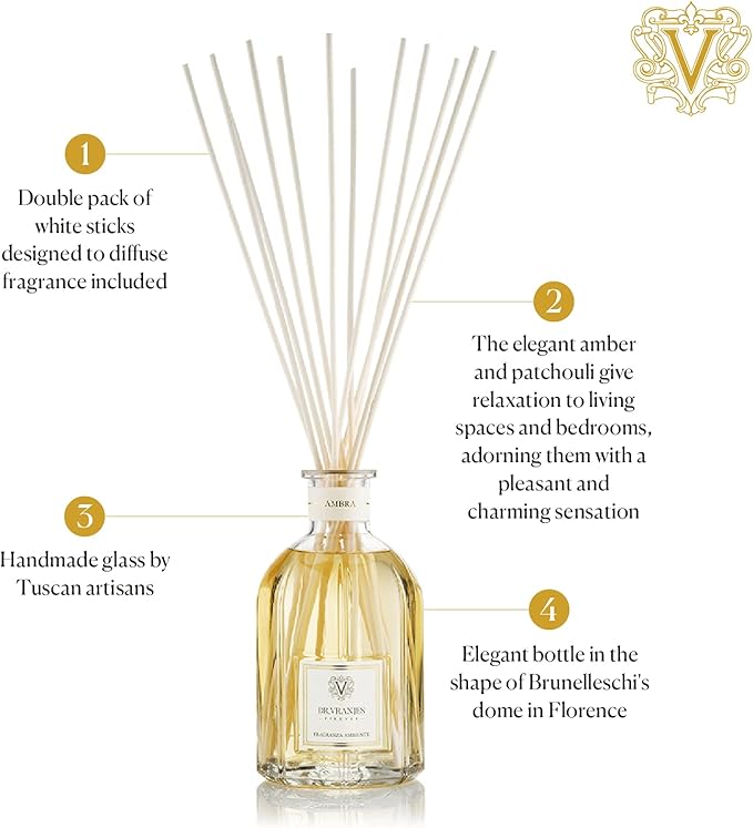 Dr. Vranjes - Ambra 500 ml Diffuser + Double Pack of White Sticks (3 Pieces Bundle)- Luxury Home Fragrance, Made in Italy, Main Scent: Oriental, Olfactory Pyramid: Amber, Patchouli, Sandalwood