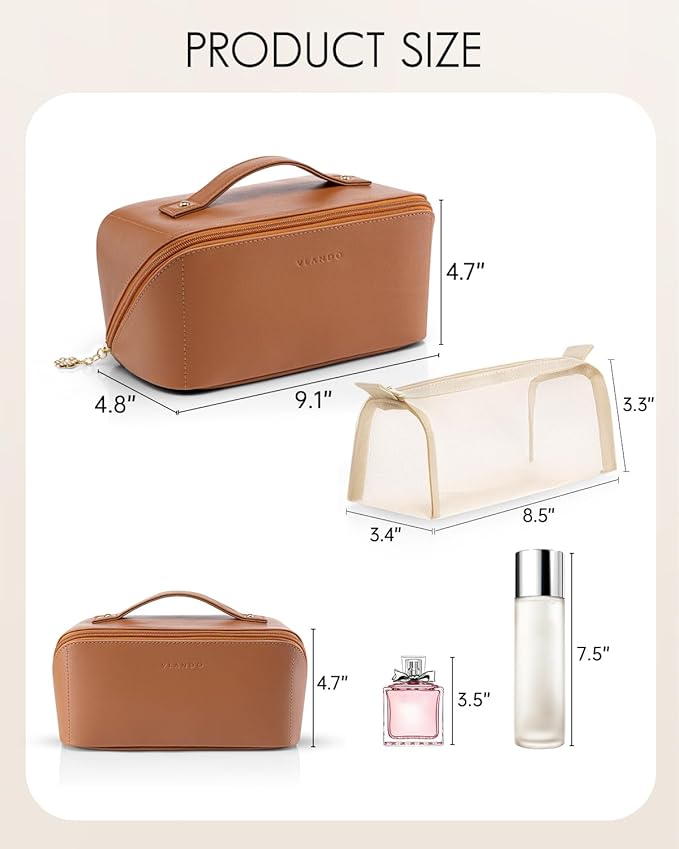 Vlando Travel Makeup Bag,Brown Leather Make up Bag,Portable Toiletry Bag with Divider and Handle,Gifts for Women (Brown)