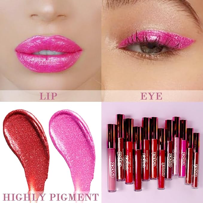 evpct 2Pcs Ruby Red Rose Pink Matte to Glitter Liquid Lipstick Set Kit for Women Long Lasting Glossy Metallic Shimmer Sparkle Lipstick Lip Gloss 3+11