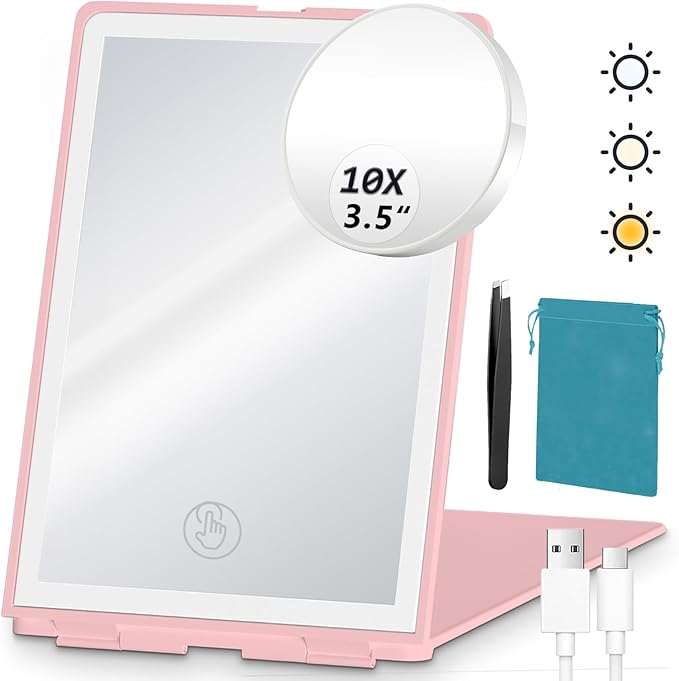 Travel Makeup Mirror with Lights, Rechargeable Portable Folding Compact Mirror Set with Tweezer, Lighted Makeup Mirror with 72 LED 3 Color Light Modes, Dimmable Touch Screen LED Mirrors-Pink
