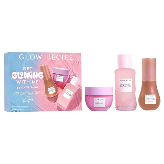 Glow Recipe Get Glowing With Me Kit by Katie Fang - PHA + BHA Face Toner & Gentle Face Exfoliant + Plum Plump Hyaluronic Acid Moisturizer Face Cream + Hue Drops Tinted Serum (3 Count)