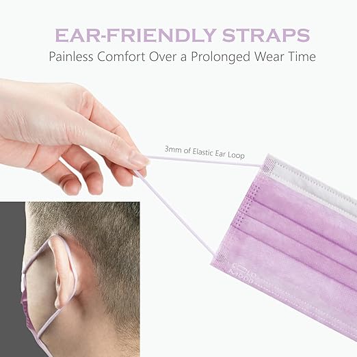 CSD Colo 30 Pcs Purple Disposable Face Masks, 3 Ply Adult Mask with Elastic Ear Loop, Nose Bridge Clip, Breathable Comfortable Mask Great for Indoor, Outdoors Use (Lavender Purple)