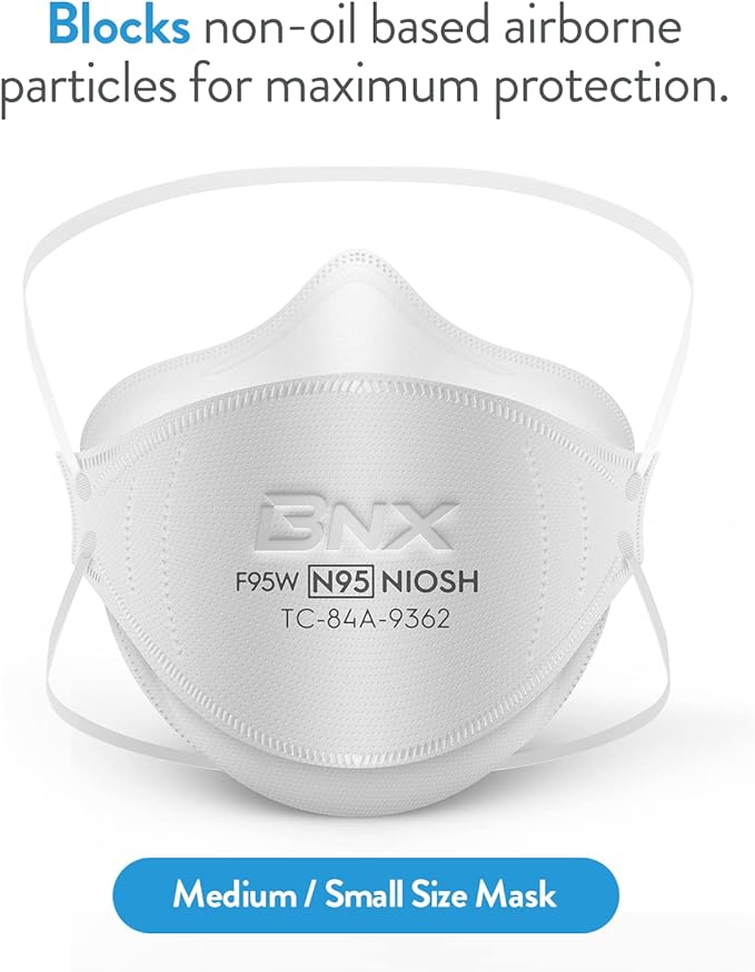 BNX N95 Mask NIOSH Certified MADE IN USA Face Mask, Tri-Fold Cup/Fish Style, 10,20,50-Pack - Black, White (Model F95B,F95W)