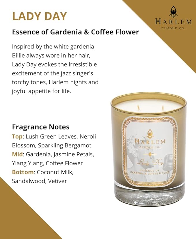 HARLEM CANDLE CO. Lady Day - Luxury Scented Soy Candle, 11 oz - 80-Hour Burn Time | Gardenia, Jasmine, Lush Green Leaves, Neroli Blossom, and Coconut Milk | Scented Candles for Home