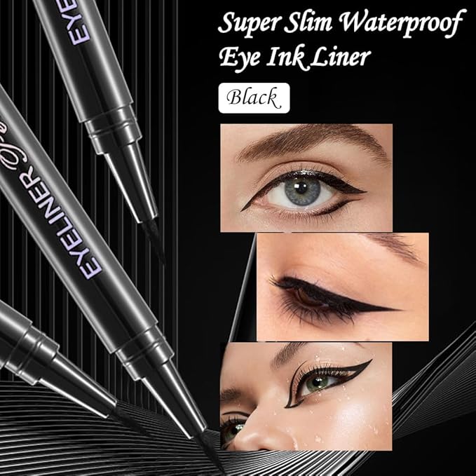 Liquid Eyeliner Set，12 Pack Matte Black Eye Liner Pen，Eye Ink Liner with Ultra-Fine Tip Makeup，Quick-Dry Eyeliner Pack，Glides on Smoothly，Smudge-Proof，Easy to Apply，Vegan Formula