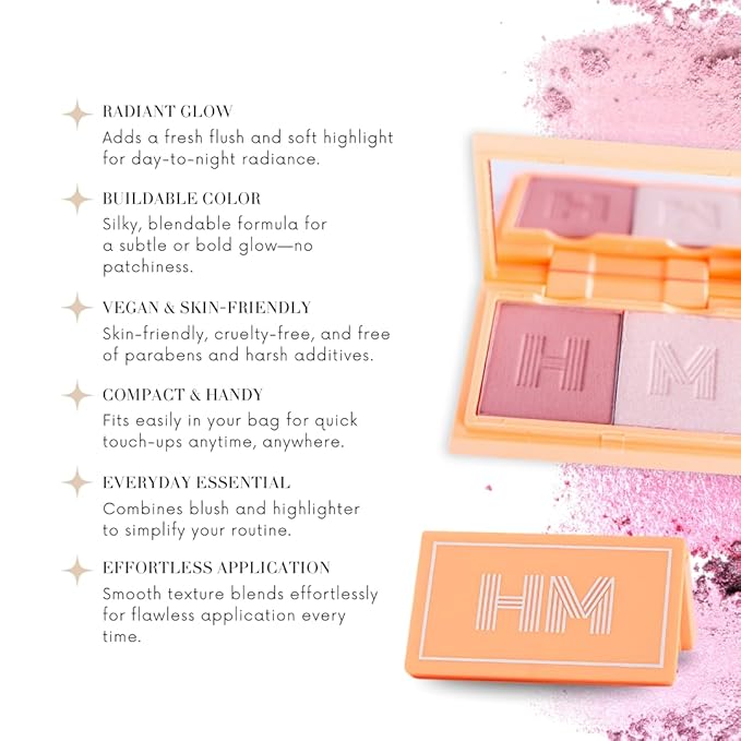 Mini Blush + Brighten Highlighter Duo, Lightweight Blendable Shimmer Blush, High Pigmented Makeup Powder Palettes, Cruelty Free - Don't Hurry, Be Happy!