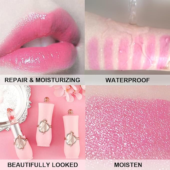 BINGBRUSH 2Pcs Color Changing Lipstick,Pink Crystal Flower Jelly PH Mood Long Lasting Labiales Lip Care Moisturizer Lip Balm Korean Magic Lip Gloss Makeup Lipstick Set for Women