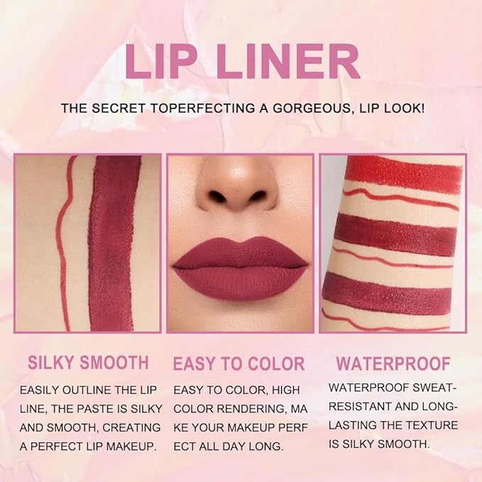 BINGBRUSH 3Pcs 2-in-1 Dark Wine Red Lip Liner and Lipstick Combo Set for Women, Matte Lips Kit with Lipliner Pencil Set Lip Stains Long Lasting Waterproof 24 Hour Original