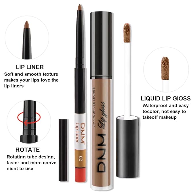 2Pcs Caramel Brown Matte Lip Liner and Lipstick Makeup Set, Matt nude brown Lip Stain Lip Gloss Matt Liquid Lipstick 24H Long Lasting lapiz labiales mate 24 horas originales larga duracion (62#)