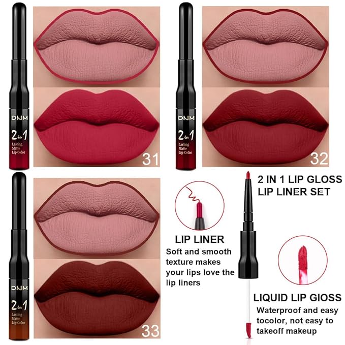 evpct 3Pcs Dark Ruby Brown Rose red Lip Stain Paint Matte Lip Liner and Lipstick Set Long Lasting labiales matte mate larga duracion listip 24 hours a prueba de agua mate 24 horas originales