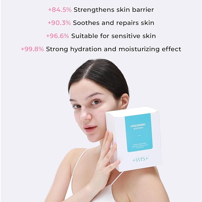 +WIS+ Hyaluronic Acid Sheet Mask 5 EA with Hyaluronic Acid Serum and Vitamin B5, Hydrating Facial Mask for Dry Skin, Anti-Aging Mask to Plump and Repair Dehydrated Skin, Safe on Sensitive Skin