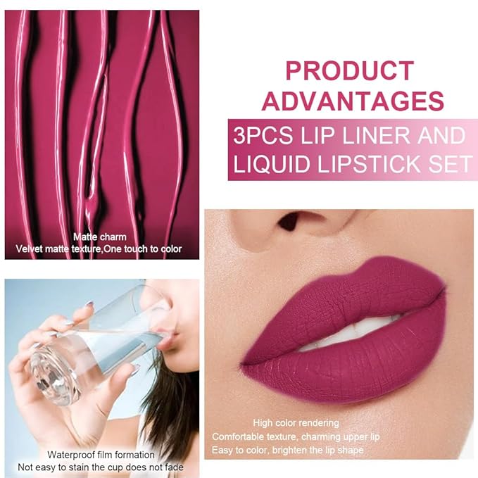 3Pcs 2 in 1 Rose Red Plum Warm Pink Deep Cranberry Lip Liner and Liquid Lipstick Stain Makeup Set for women, Long Lasting Smudge Proof Lip Tint Matte Finish Lip Gloss for All-Day Color Hold, Set14