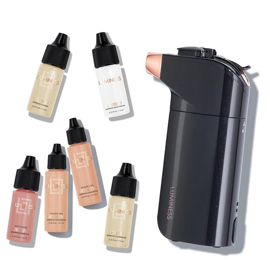 Luminess BREEZE DUO Airbrush Makeup System, Warm Coverage – 9-Piece Kit includes 2x Silk Airbrush Foundation, Soft Rose Blush, Glow Highlighter, Moisturizer Primer, and Airbrush Cleaning Solution