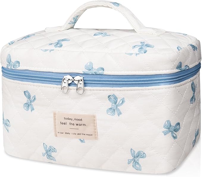 Large Makeup Bag, Cute Cosmetic Bag for Women Girls, Floral Coquette Aesthetic Toiletry Bag, Travel Make Up Organizer Bag (White Blue Butterfly Flower)