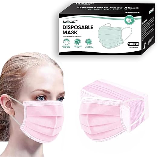 NNPCBT Pink Disposable Face Masks 100 Pack,3-Ply Breathable Mask For Adults,Great For Outdoors,Home, Office, School