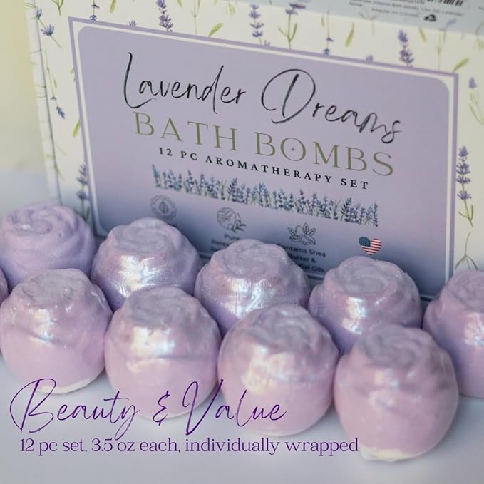 EvolutionUSA Lavender Dreams Bath Bombs for Women, 12 Organic Flower Bath Bombs, Soft Lavender Bath Bombs, Womens Bath Bombs Gift, Lush Bath Bombs for Girls, Relaxing Bathbombs, Bath Balls