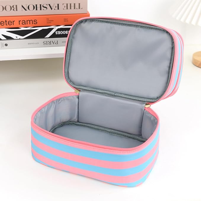Three Layer Makeup Bag for Women Fashion Stripes Cosmetic Bag Preppy Style Travel Water-Resistant Toiletry Bag for Storage Toiletries Cosmetics Sets for Women Teen Girls Blue