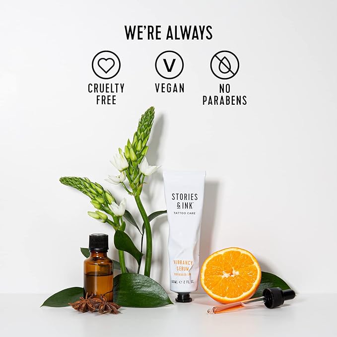 Stories & Ink Tattoo Care | VIBRANCY SERUM for healed skin - Overnight Treatment for Faded Tattoos to Brighten Pigments & Enhance Ink Intensity, 60 mL / 2 Fl Oz
