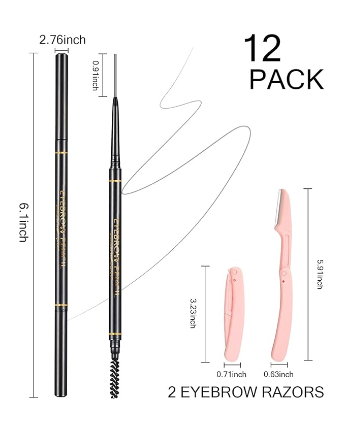 Gray Eye Brow Pencils for Women, 6Pcs Waterproof Eyebrow Pencil, 1.5mm Micro-Fine Tip & Spiral Brush with Brow Razors Perfect for Creating a Natural and Delicate Eyebrow Look Makeup