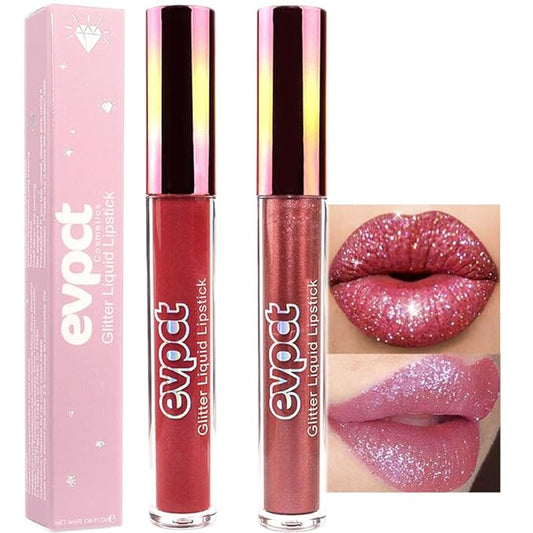 evpct 2Pcs Wine Red Plum Red Matte to Glitter Liquid Lipstick Set Kit for Women Long Lasting Glossy Metallic Shimmer Sparkle Lipstick Lip Gloss 6+15
