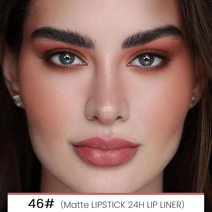 Kaely 2-in-1 Nude Pink Velvet Matte Lip Liner & Lipstick Combo Set Kit for Women, Magic 24 Hours Lipstick and Lip Liner Makeup Set Stain Long Lasting Waterproof labial 46