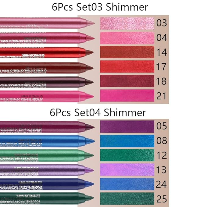 evpct 6Pcs Glitter Eyeliner Pencils Set delineadores de colores para ojos lapiz de ojos negro a prueba de agua Pink Rose Red Orange Purple Metallic Colorful Liquid Eye Liners Set for Women Waterproof