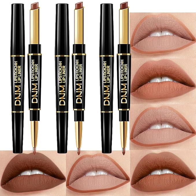 BINGBRUSH 3Pcs Double Ended Nude Dark Brown Velvet Matte Lip Liner and Lipstick Makeup Combo Set for Women,Lipliner 24 Hours Original Waterproof Long Lasting Lip Stains Pencil Kit Set