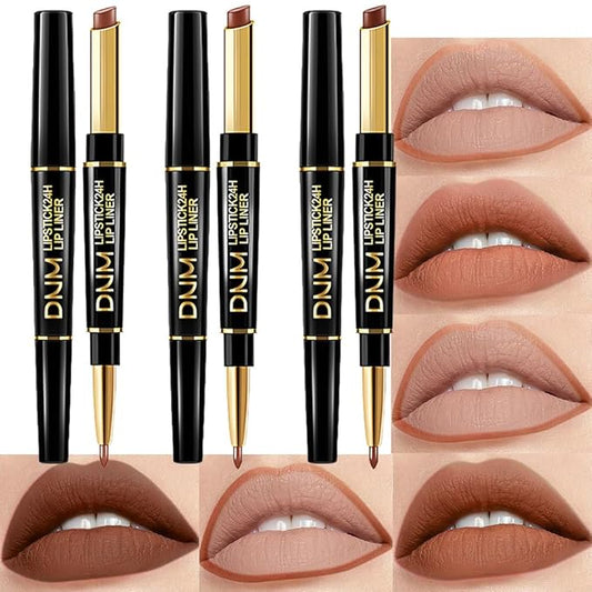 BINGBRUSH 3Pcs Double Ended Nude Dark Brown Velvet Matte Lip Liner and Lipstick Makeup Combo Set for Women,Lipliner 24 Hours Original Waterproof Long Lasting Lip Stains Pencil Kit Set