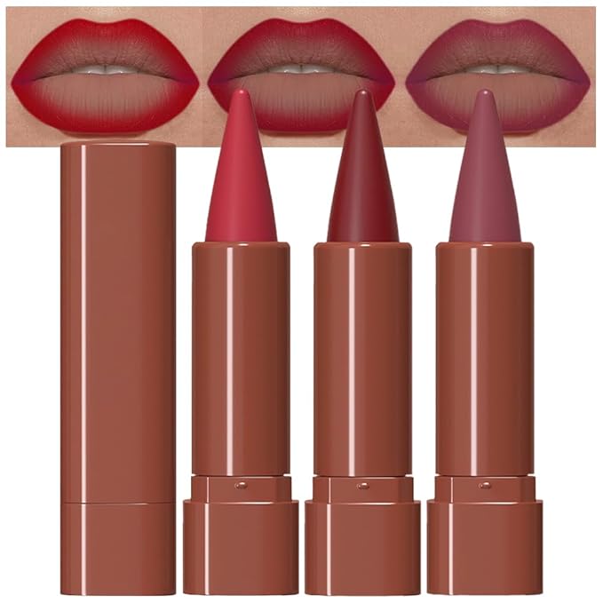 evpct 3Pcs Ruby Plum Red Mauve Gradient Matte Lipstick Lip Liner Crayon Combo Pencil Set for Women Long Lasting, Cream Lipliner and Lipstick Combo Makeup Set, Flawless Gradual Lip Bar Ombre Effect