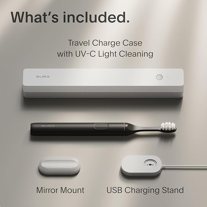 SURI 1.0 Sonic Electric Toothbrush with UV Cleaning Travel Case |1 Month+ Battery | Designed in California | Electric Toothbrush for Adults | Travel Toothbrushes | Tooth Brush | Black
