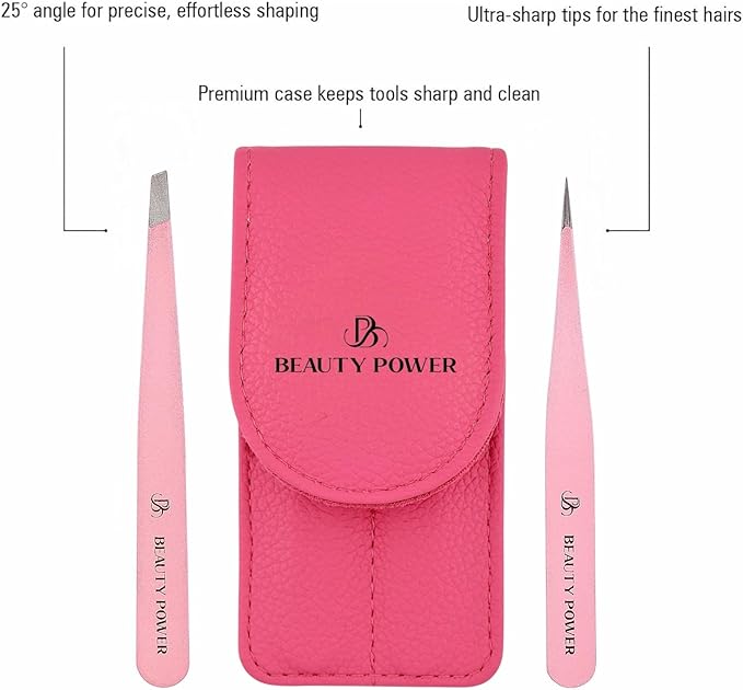 Professional Tweezers Set – Slant & Point, Ultra Precision German Stainless Steel Tweezers for Eyebrows, Chin, Ingrown Hair & Facial Grooming – Lightweight with Travel Case (Pink)