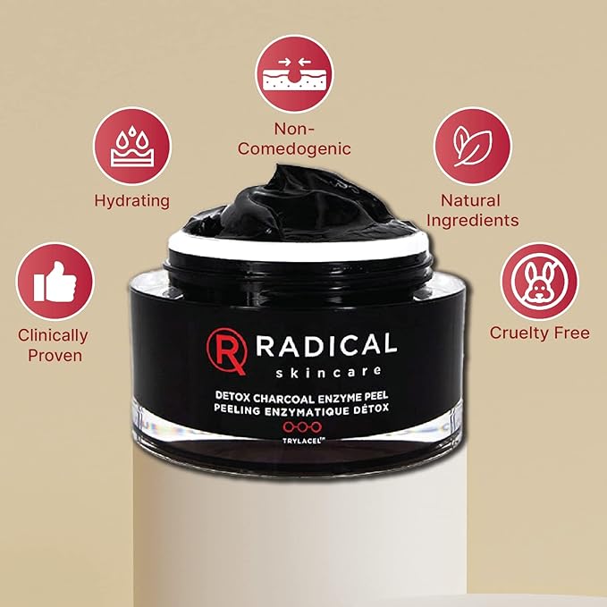 Radical Skincare Detox Charcoal Enzyme Peel - Powerful Formula w/ 11 Fruit Enzymes for Maximum Exfoliation | For All Skin Types Including Sensitive Skin | Cruelty & Paraben Free (1.7 oz, 2 Pack)