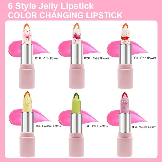 BINGBRUSH 3Pcs Ph Lipstick Color Changing,Pink Crystal Jelly Flower Clear Mood Long Lasting Labiales Lip Care Moisturizer Lip Balm Korean Magic Lip Gloss 24 Hours Lip Tinted Stain Makeup Set for Women