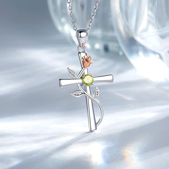 Cross Necklace for Women, 925 Sterling Silver Birthstone Necklace for Women with Rose Flower Birthstone Womens Jewelry Birthday Gifts for Wife Women