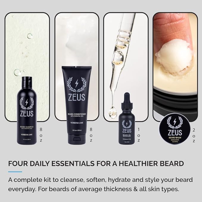 ZEUS Everyday Beard Kit for Men, Facial Hair Shampoo, Conditioner, Oil, Balm & Tin Gift Box, Premium Beard Care & Grooming Set (Made in USA) Sandalwood